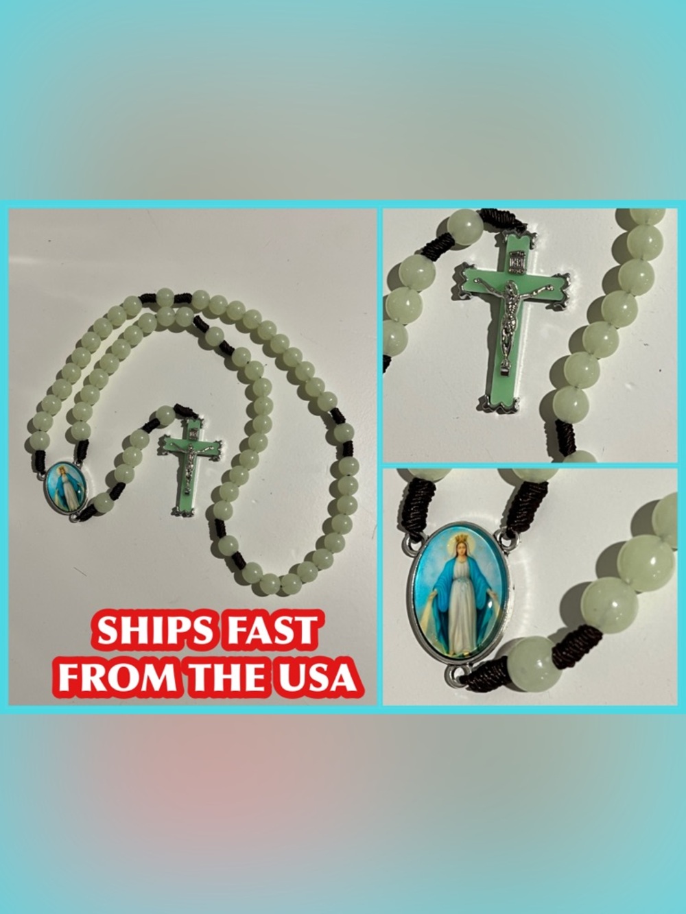 Rosary Beads Necklace Crucifix - Green
